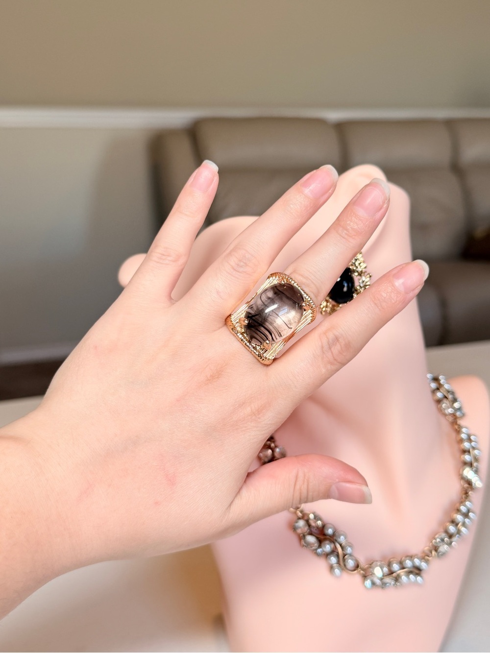 Gold Statement Ring with Smoky Quartz Accent - Picture 8 of 8